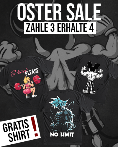 Oster Sale bei IMPROVEAL: Drei Fitness-Shirts kaufen, ein viertes gratis erhalten. Abgebildet sind stylische Gym-Shirts mit Motiven wie Peach Please, No Limit und einem Muskel-Mickey. Ideal für Damen und Herren – hochwertige Sportbekleidung im limitierten Osterangebot.
